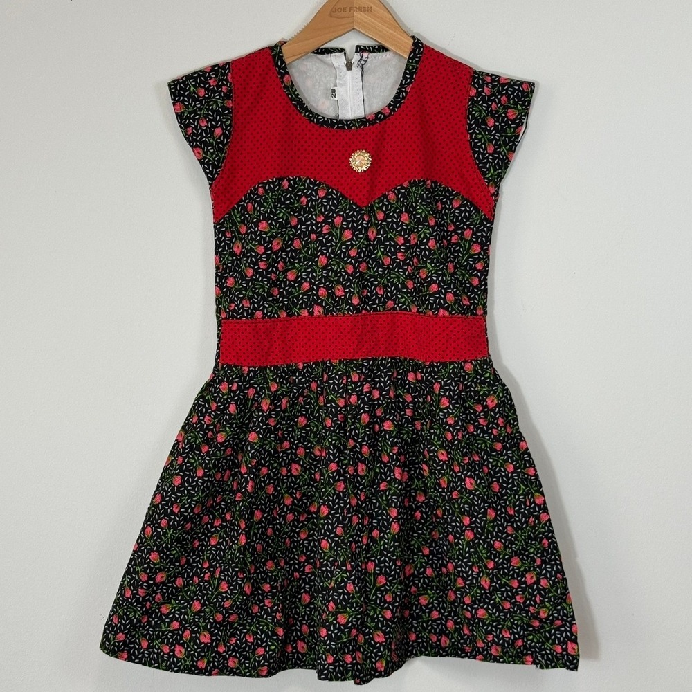 Vintage Handmade Girls Red Polka Dot Black Floral Rosebud Dress Size 28 Brooch